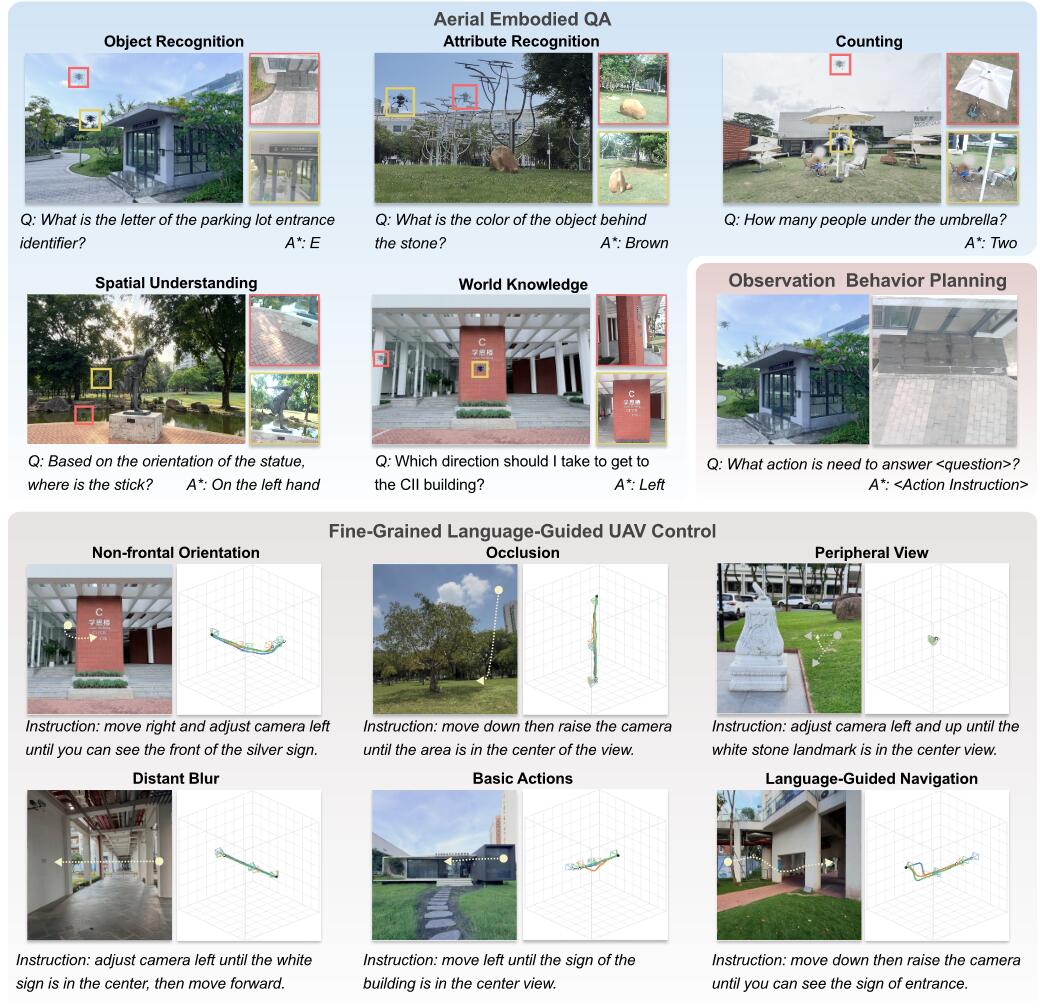 Examples of Air-EQA, OBP, and FLUC tasks
